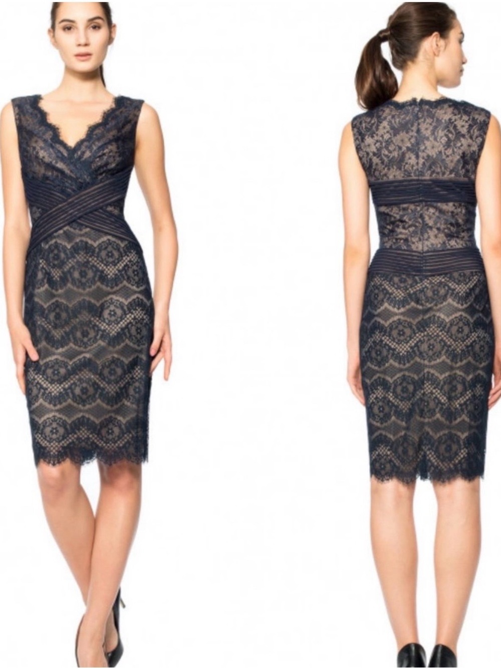 Tadashi Shoji Navy Lace V-Neck Cocktail Dress